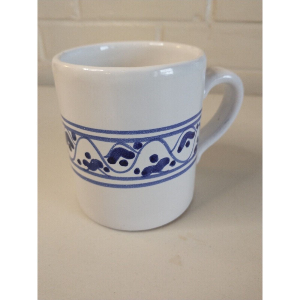 Studio Crafted Coffee Mug Blue White Cream Pottery Cup Signed Italy